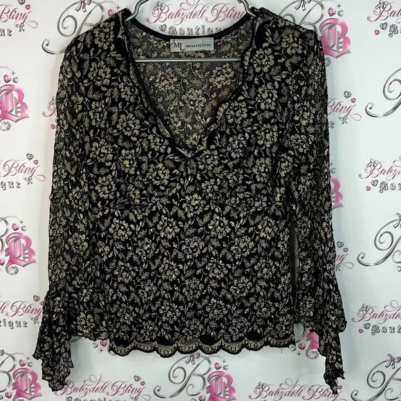 Melanie Lyne long sleeve flare bell bottom Black shiny Gold Floral Lace Blouse - Picture 1 of 7